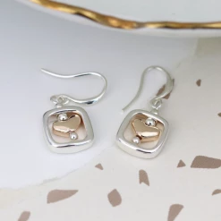 Mooch..... Peace Of Mind Rose Gold Heart And Silver Plated Square Drop Earrings Jewellery