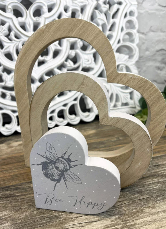 Mooch..... Set Of Three Wooden Hearts "Bee Happy" New Arrivals Mooch..... Set Of Three Wooden Hearts "Bee Happy" New Arrivals