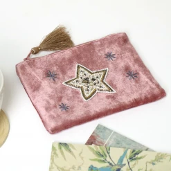 Mooch..... Pink Velvet Tassel Zip Purse With Embellished Star