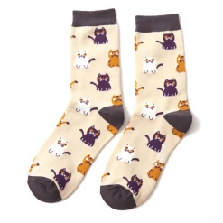Mooch-andover Miss Sparrow Bamboo Ladies Socks - Little Kittie Cats Beige