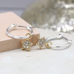 Mooch..... Gifts For Teachers Peace Of Mind Silver Plated Golden Pave Stars And Silver Hoop Earrings