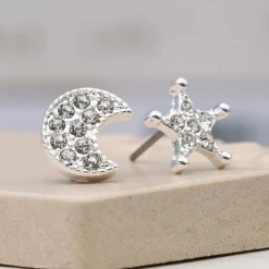 Mooch..... Peace Of Mind Silver Plated Mismatched Crystal Star And Moon Earrings