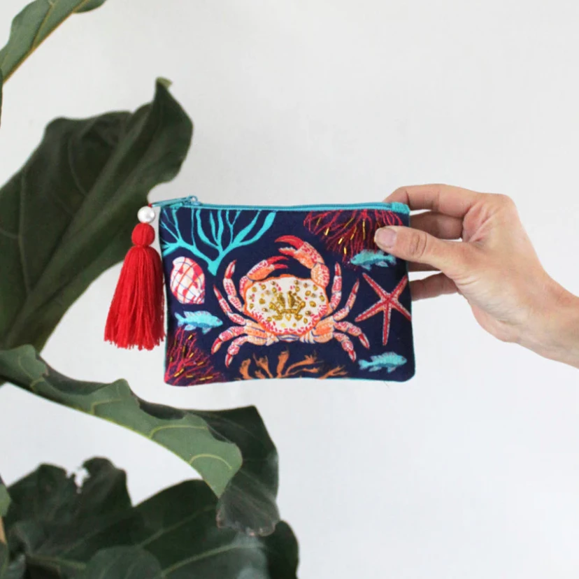 Mooch..... House Of Disaster Cotton Embroidered Crab Coin Purse Mooch..... House Of Disaster Cotton Embroidered Crab Coin Purse
